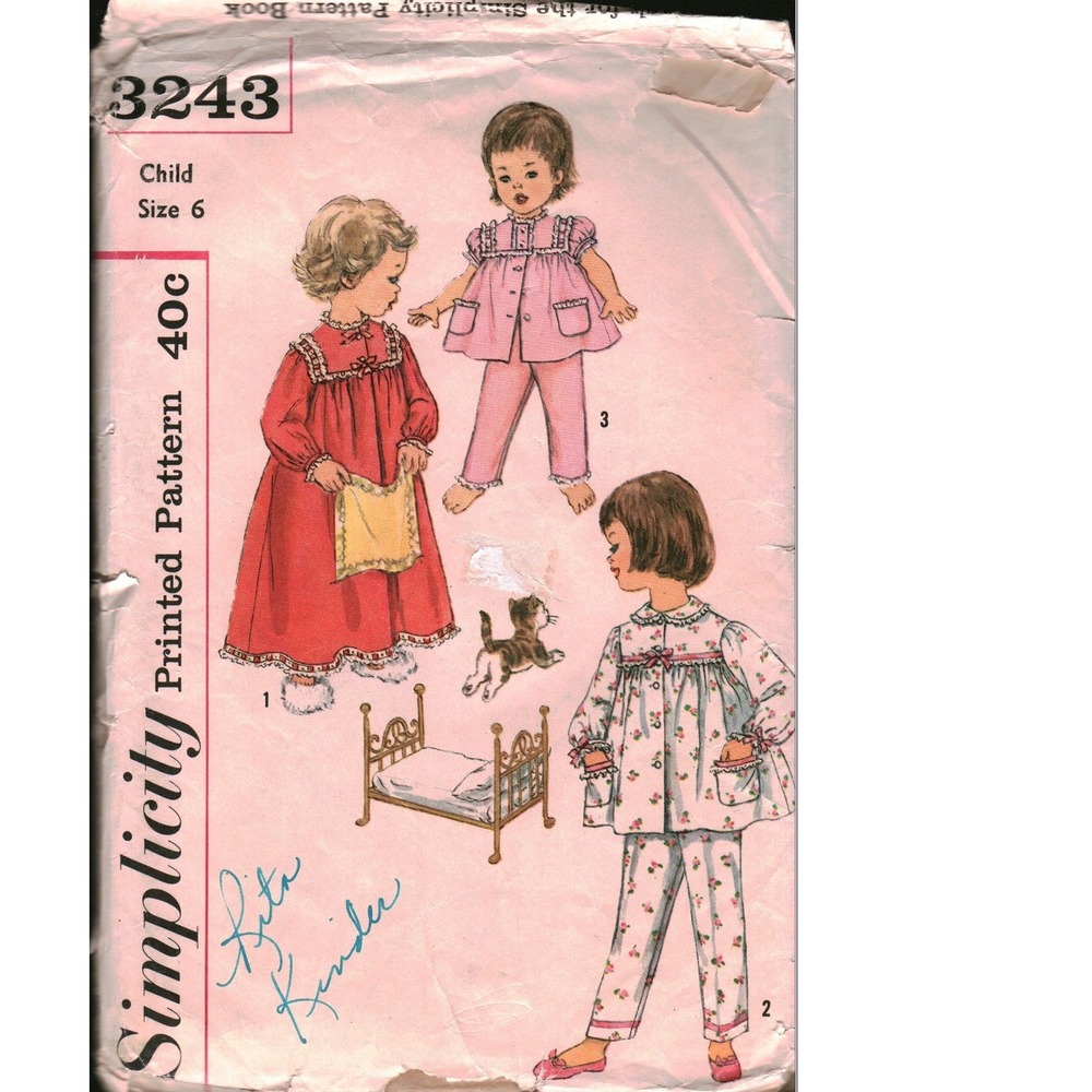 Vintage Simplicity 3243 Child Size 6 Pajamas Nightgown Sewing Pattern 1960s
